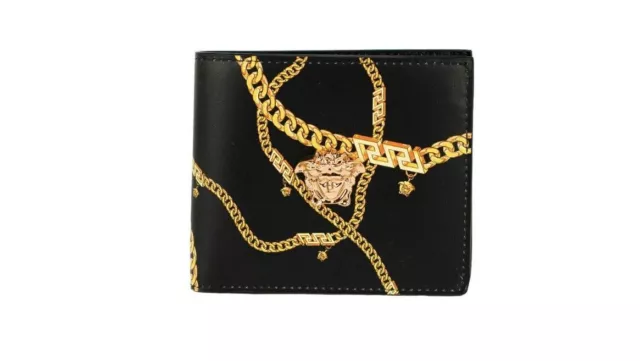 Versace Men's Black Smooth Leather Gold Medusa Head Chain Logo Bifold Organizer