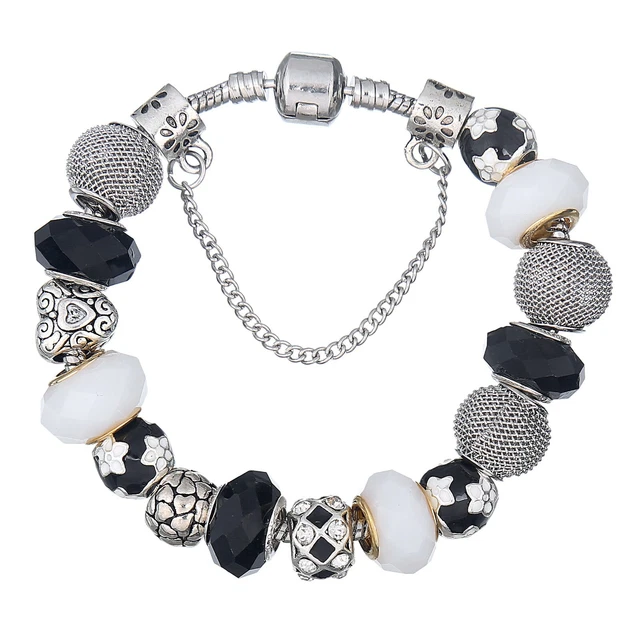 18K Gold Plated Flower Heart Black CZ Charm Bracelet Heart Flower Charm Bracelet