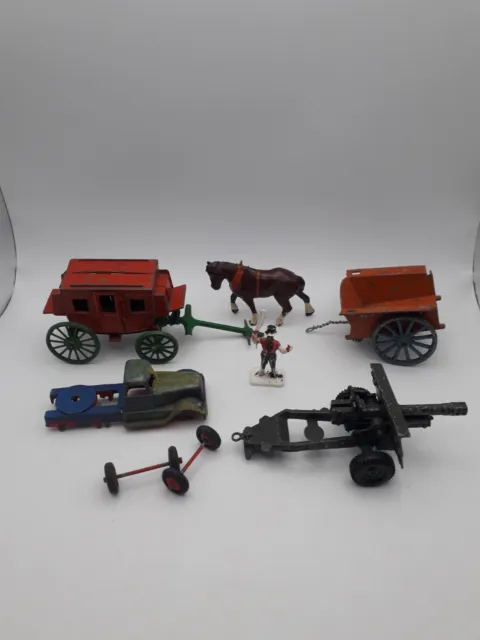 Job Lot 6 Crescent Toys Lead/Metal/Plastic Stage Coach, Cart, Horse, Truck, Gun.