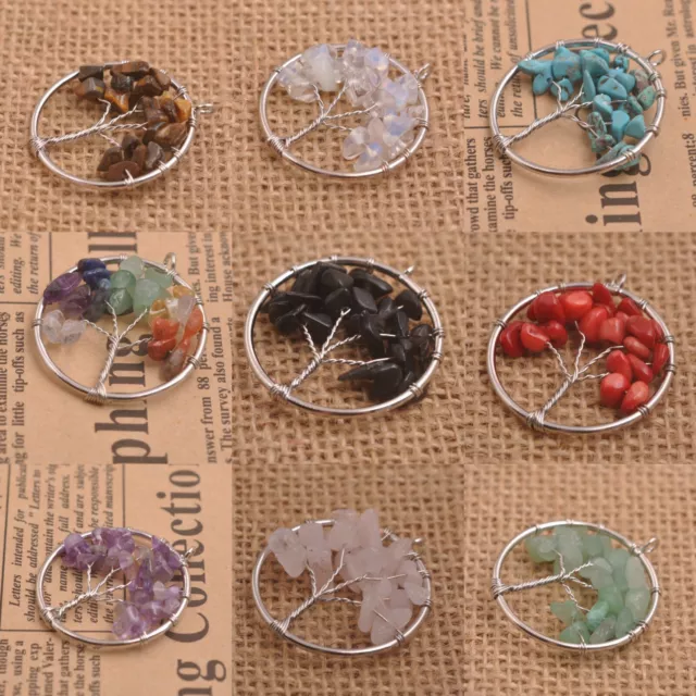 Natural Gemstone Reiki Chakra Chip Beads Tree of Life Healing Pendants Charms