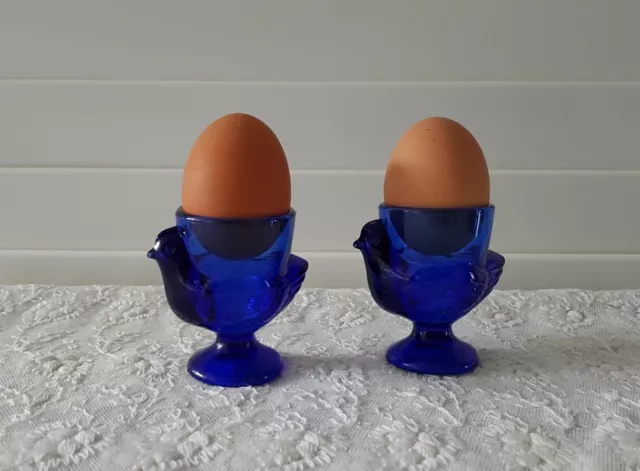 2 Vintage ARC Cobalt Blue Glass Bird Chicken Hen EGG CUP Holder Made In France
