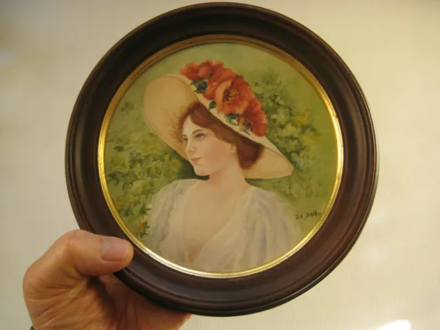 Framed Circular Ceramic Art Tile Plaque - Hand Painted Portrait - Artist Signed