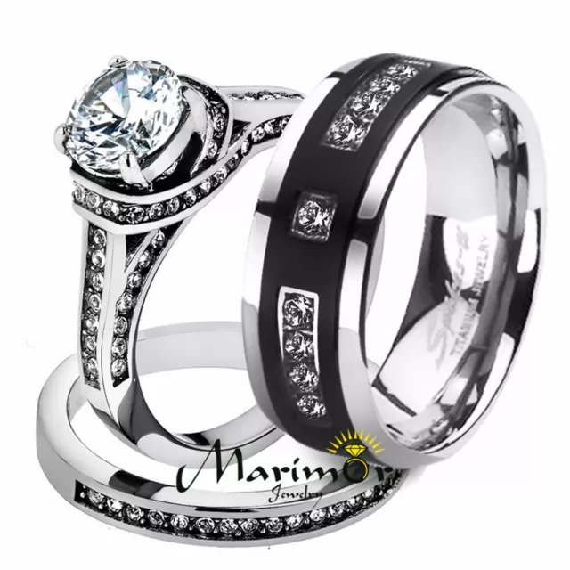 Her His 3pc Stainless Steel Wedding Engagement Ring & Titanium Wedding Band Set