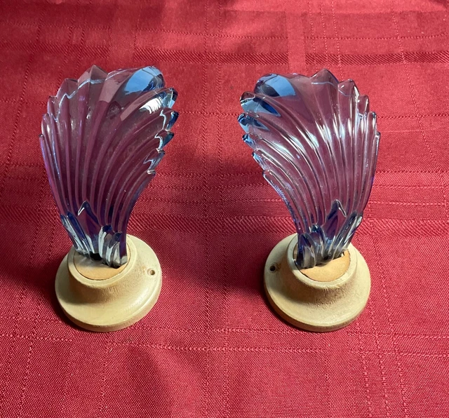 2x Vintage Art Deco Drapery Curtain Blue Glass Tie Back Holders original wood