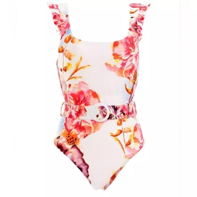AGUA BENDITA NWT! 3X OAZZE NICOLETTE Ruffle Floral Belted White Pink Swimsuit 3
