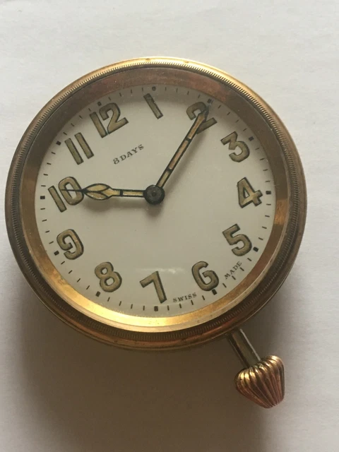 Horloge De Bord / Montre De Voiture à Remontage Manuel - Réserve 8 Jours - Boîtier Bronze - Diamètre 6,5 Cm - Occasion Très Bon état