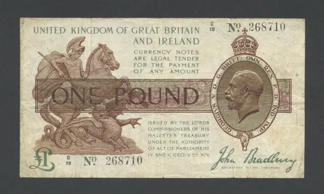 ENGLAND £1 note 1917 Bradbury KGV T16 Fine Treasury Banknotes