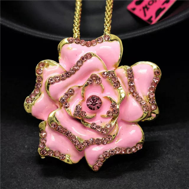 New Betsey Johnson Pink Enamel Cute Rose Flower Crystal Pendant Chain Necklace