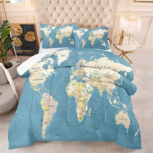 Tailor Multicolored World Map Comforter Set for Boys Girls Geography Blue Oce...
