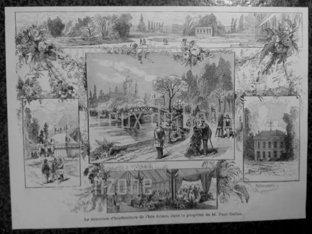CONCOURS HORTICULTURE L'ISLE ADAM PAUL DALLOZ  gravure 1875 antique print