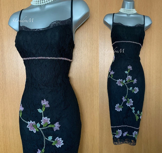 KAREN MILLEN UK 10 Black Lace Beaded Strappy Cocktail Party Prom Midi