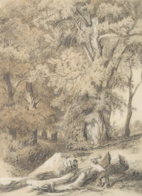 Uriges Waldstück mit Holzsammlerfamilie, Bleistift Romantik Unbekannt (19.Jhd)