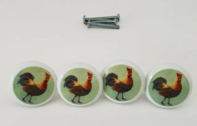 4 Rooster Drawer Knobs White Ceramic Farmhouse Cottage Core Hardware Included