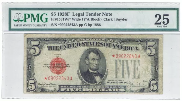 1928 $5 Red Seal United States Note ☆Star Note☆ | PMG VF25 -Scarce-