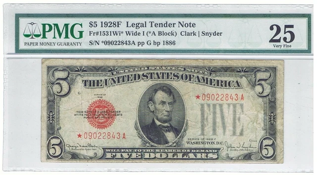 1928 $5 Red Seal United States Note ☆Star Note☆ | PMG VF25 -Scarce-