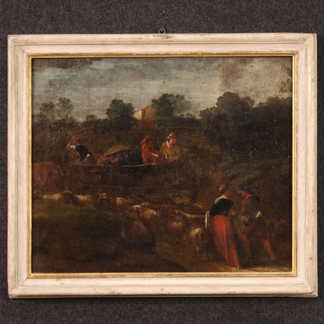 Tableau Ancien Huile Sur Toile 18ème Siècle - Paysage Avec Voyageurs - École Italienne - Restauré - Certificat
