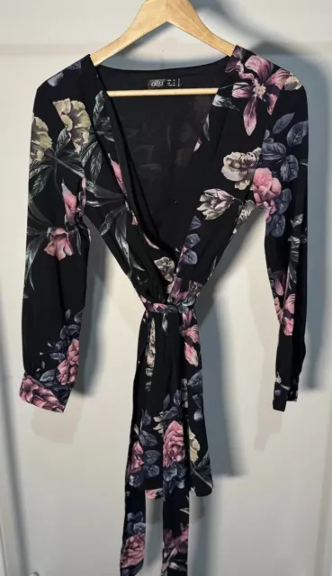 Ally Fashion Size 10 - Black Floral Wrap Mini Dress Long Sleeve