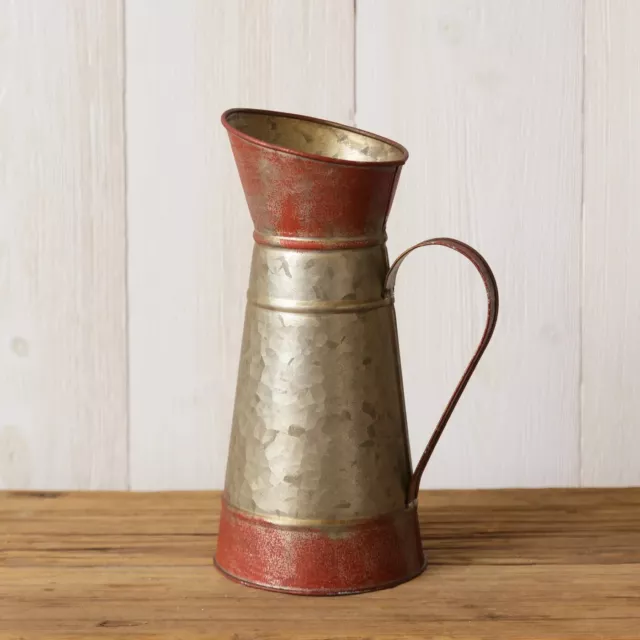 New Rustic Farmhouse Primitive GALVANIZED AGED RED PITCHER Vase Can Bucket