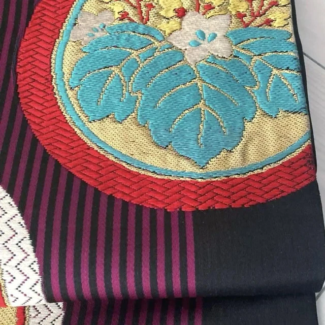 Japanese Obi Black Tsubaki Silk Women 329cm Kimono Antique