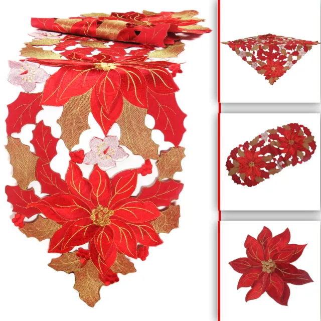 POINSETTIA Embroidery Table Runner Tablecloth Doilies Advent Christmas Red