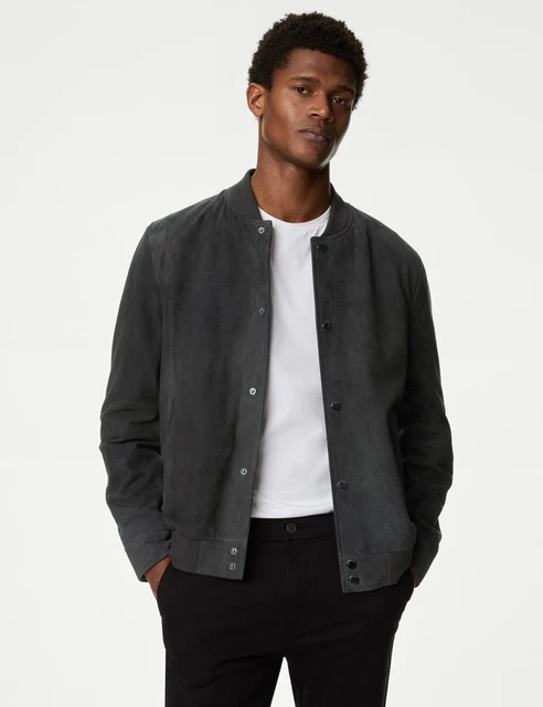MARKS SPENCER Mens Navy Leather Bomber Jacket 99.50 PicClick UK