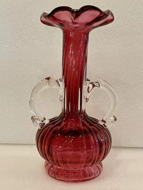 Rossi Glass Hand Blown Art Glass Cranberry Mist Ruffled Bud Vase With Handles