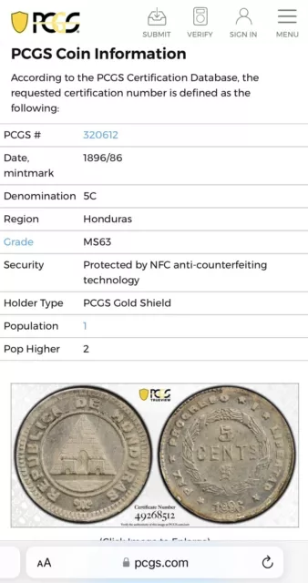 1896/86 Honduras 5 Centavos Coin PCGS MS63 Pop/top 1/2 Low Mintage RARE 2