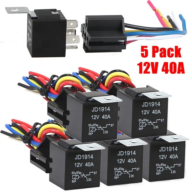 5Pack 12V 40A 5Pin Spdt Automobilistico Relè Con Cavo & Bardatura Presa Set