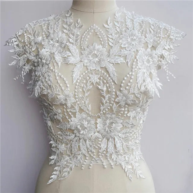 Bridal Gown Bodice Lace Applique beaded Embroidery Flower Patch DIY Crafts