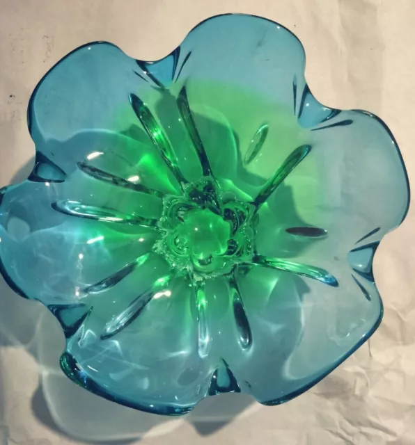 Vintage Hand Blown Art Glass Bowl Blue / Green Stretch Mid Century Modern