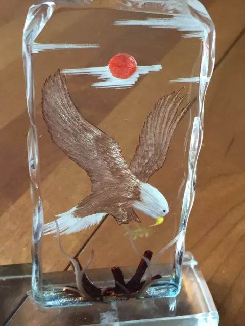 Lucite Acrylic Art Paperweigh Eagle Reverse Carved Art Sculpture w/ Orange Moon