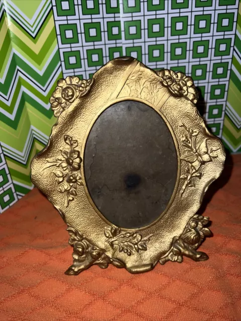 Antique Cast 1870 Picture Easel Frame Gold W/Butterfly +Flower Motif Plus Glass