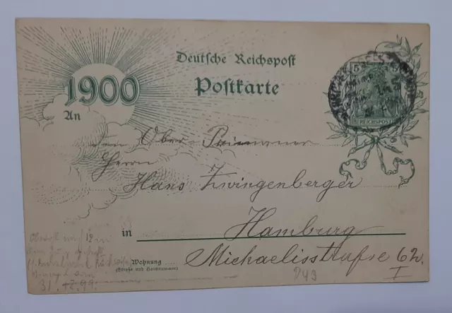 DR Germania 1900 Ganzsache 5 Pf. P43 Nienburg nach Hamburg Bahnpost