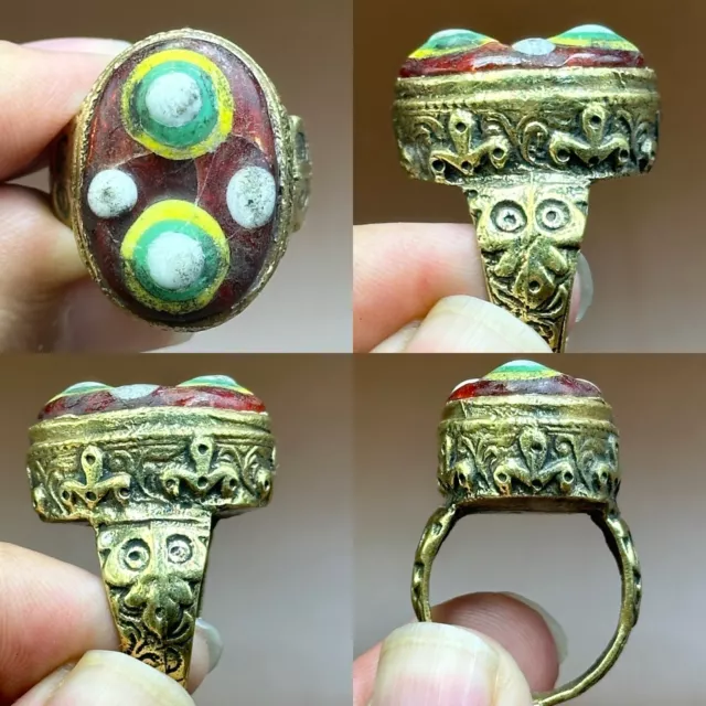 Ancient Roman Bronze Ring With Beautiful Pattern Mosaic Glass