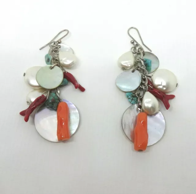 Seaside Theme Earrings with Mother of Pearl and Faux Coral
