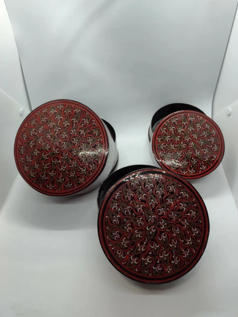 Antique Burmese Lacquerware Old Lacquer, colorful, 3 nested containers. 3