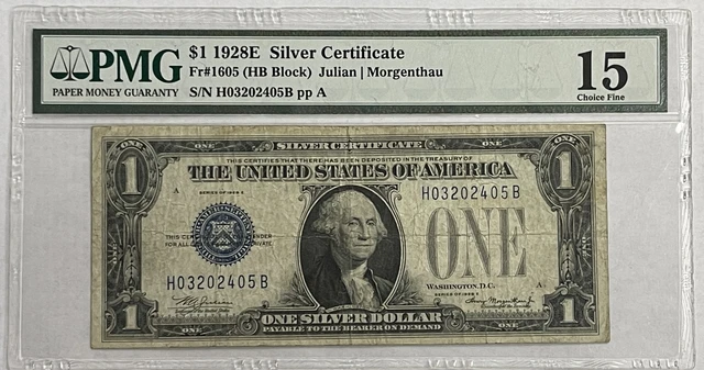 1928-E $1 Silver Certificate Fr-1605 Hb Block Pmg Fine 15 Key Silver Certificate