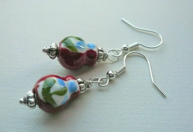 Dangle Earrings Handpainted Red Flowered CERAMIC Drop Bead Silver Plate KCJ3904