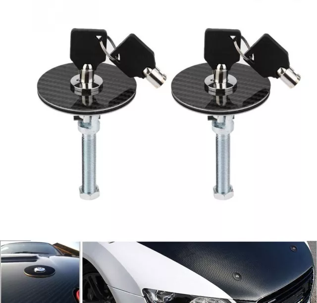 1 Pair Universal Black Carbon Fiber Mount Bonnet Hood Latch Pin Locking Kit Key