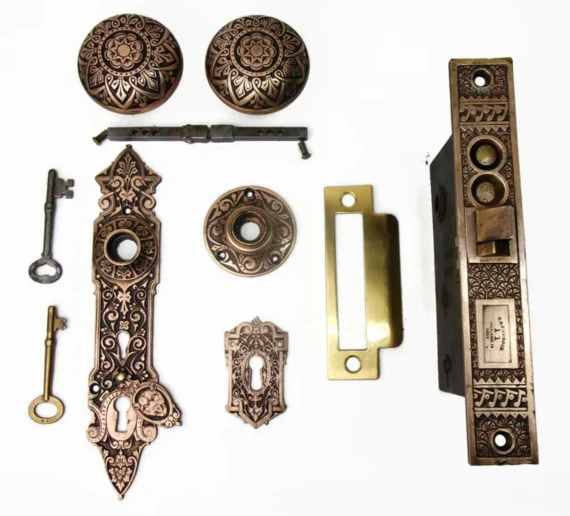 Antique Set EASTLAKE VICTORIAN Gothic Backplate Doorknob Double Key Mortise Lock