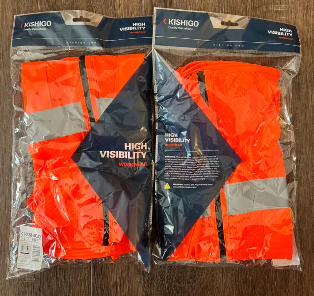 KISHIGO Hi-Vis PPE Reflective 2 Pocket Mesh Vest Size LARGE US FLAG PATCH - 2 Qt