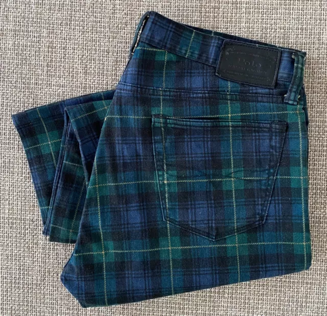 Authentic POLO RALPH LAUREN Green Tartan Checked Slim Jeans 34x30 RRP $280