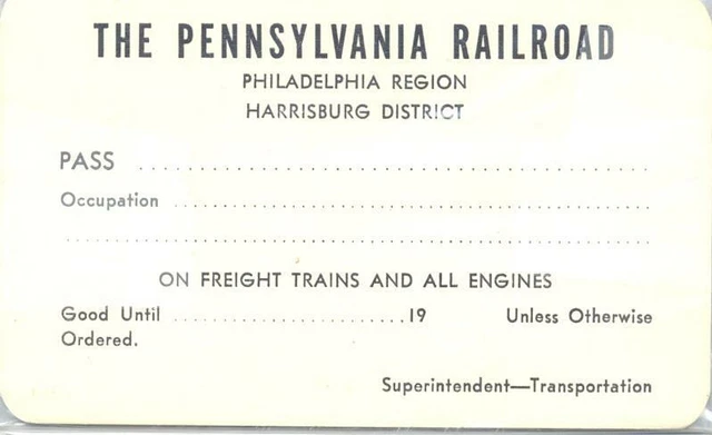 1940s Pennsylvania Railroad - unused employee pass Philadelphia Harrisburg PA