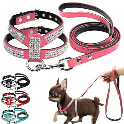 Pet Dog Harness Leash Set Soft Adjustable Rhinestone Puppy Walking Vest Lead UK