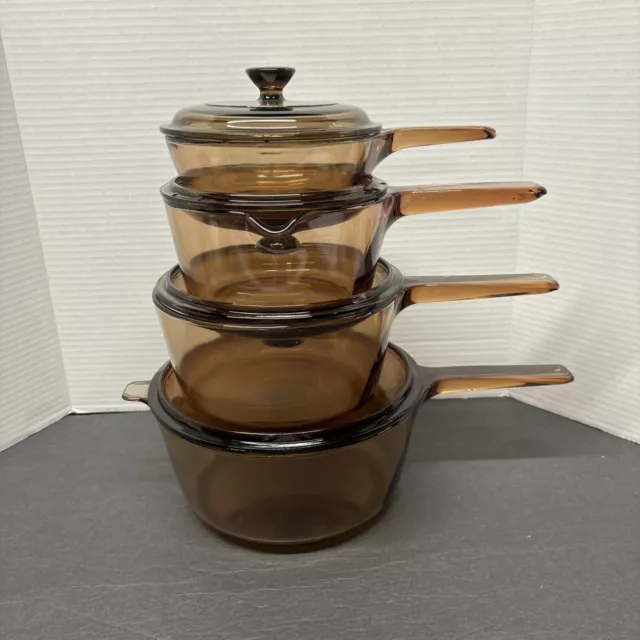 Vision WARE Corning PYREX Amber GLASS Cookware 8 Pc Set Pots Skillet Lids