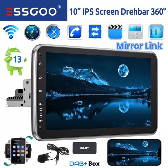 Autoradio 1 DIN DAB+ Android 13 10 Zoll RDS Navi WIFI BT 360° Drehbar Bildschirm