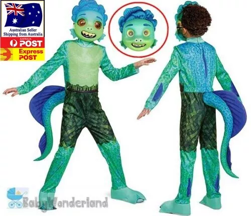 Kids Boys Girls Sea Monster Luca Cosplay Kids Halloween Costume Bodysuit 3D Mask