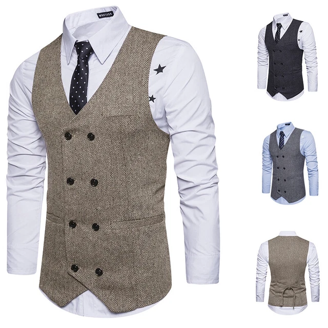 Mens Classic Waistcoat Jacket Slim Fit Formal Vest Herringbone Tweed Coat