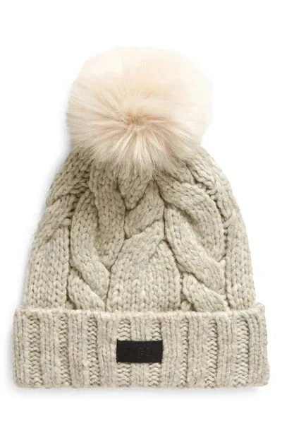 NWT  UGG Knit Cable Beanie with Faux Fur Pom Light Grey CAP WOMENS/100%AUTHENTIC