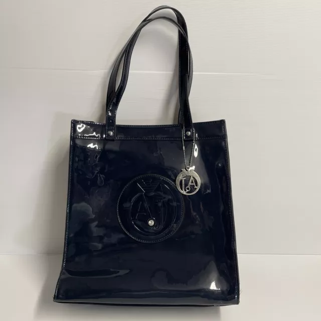 Armani Jeans Womens Vinyl Tote Bag Shoulder Bag Medium Navy Blue